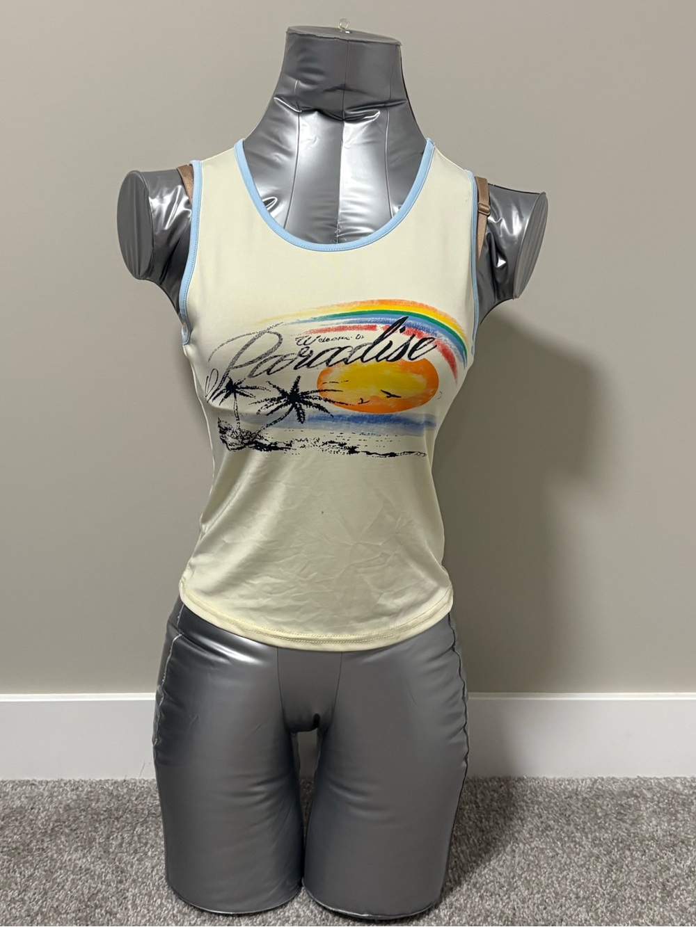 Cream Paradise Graphic Tank Top with Blue Trim